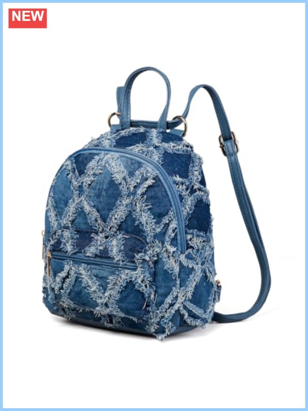 Distressed Denim Mini Backpack Fringe Quilted Convertible Crossbody Women
